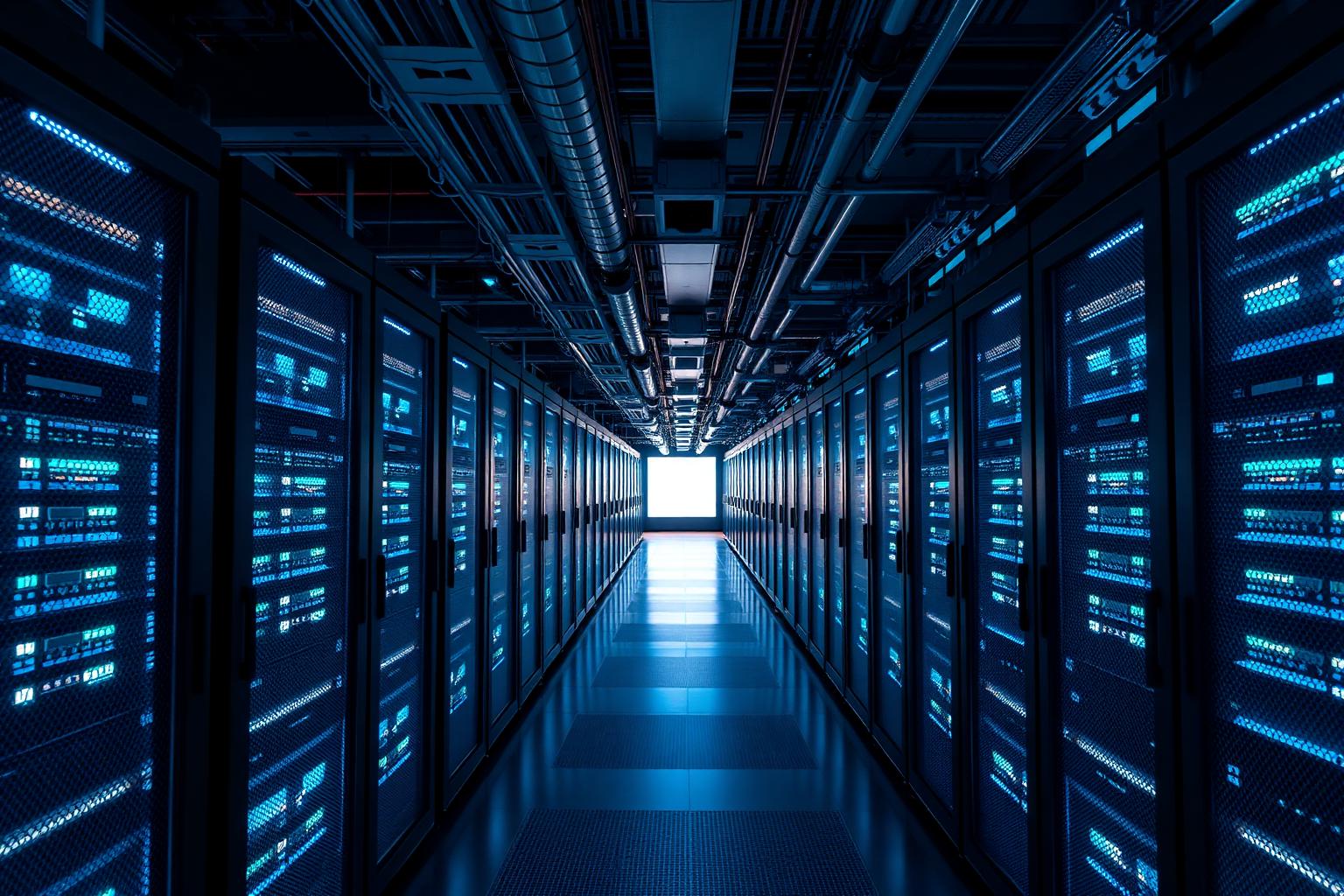 Cloud data center corridor with illuminated servers