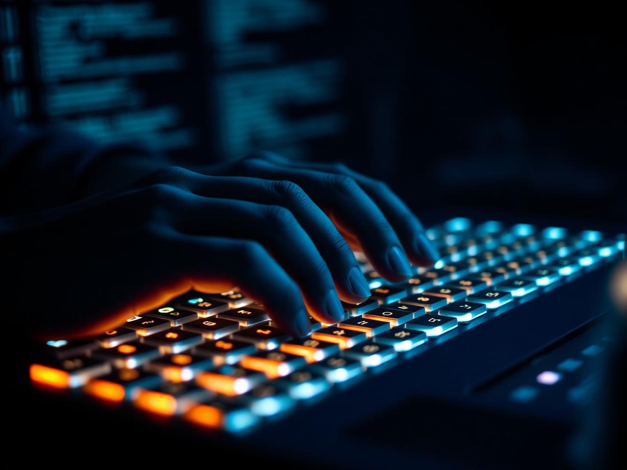 Engineer hands on illuminated keyboard