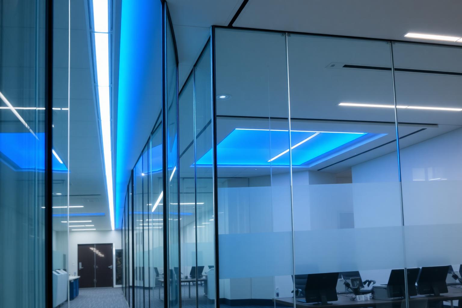 Modern enterprise office with blue ambient lighting